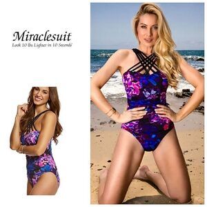 New. Miraclesuit purple floral strappy swimsuit. Size 8. MSRP $169
